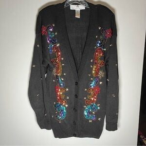Vintage Brittany Leigh black Vneck Christmas cardigan sz Large colorful sequence